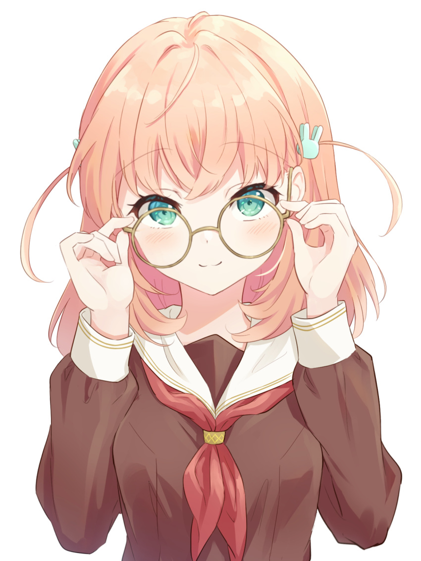 1girl adjusting_eyewear aqua_eyes bespectacled brown_dress closed_mouth commentary_request crossed_bangs dress glasses hair_ornament hasu_no_sora_school_uniform highres hinoshita_kaho light_blush link!_like!_love_live! long_sleeves love_live! medium_hair neckerchief orange_hair rabbit_hair_ornament red_neckerchief round_eyewear sailor_collar sailor_dress school_uniform simple_background smile solo split_mouth upper_body virtual_youtuber white_background white_sailor_collar winter_uniform yellow-framed_eyewear yutuki_ame