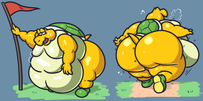 anthro belly_overhang big_butt blush bodily_fluids breath butt hi_res huge_butt huge_thighs koopa koopa_the_quick koopa_troopa male mario_bros moobs morbidly_obese nintendo obese obese_male out_of_breath overweight overweight_male running scalie solo sweat tehsquishyray thick_thighs