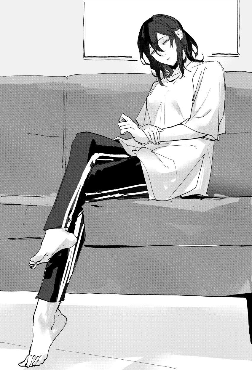 1girl absurdres barefoot closed_mouth commentary_request couch full_body greyscale half-closed_eyes highres indoors ito_shiori long_hair looking_at_viewer monochrome on_couch original pants shirt shisa_co short_sleeves sitting solo track_pants