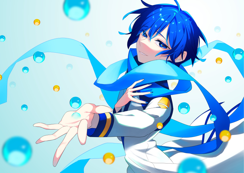 1boy absurdres blue_eyes blue_hair blue_nails blue_scarf bubble coat commentary_request floating floating_hair gradient_background highres kaito_(vocaloid) light_smile long_scarf looking_at_viewer male_focus nail_polish outstretched_arms scarf shio_ice simple_background smile upper_body vocaloid white_coat
