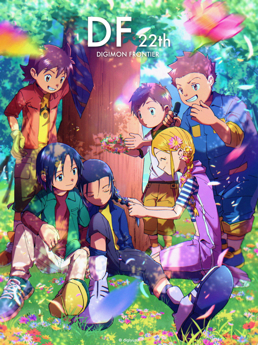 1girl 5boys absurdres anniversary bandana blonde_hair blue_bandana blue_hair blue_jacket blue_pants blurry blurry_foreground braid brown_hair closed_eyes crop_top digimon digimon_frontier flower green_jacket hair_flower hair_ornament head_wreath highres himi_tomoki holding holding_marker horizontal-striped_clothes jacket kanbara_takuya kato_(digiyuzu) kimura_kouichi long_hair marker medium_hair minamoto_kouji multiple_boys nature no_headwear orange_shorts orimoto_izumi outdoors pants pink_jacket purple_jacket purple_shorts red_jacket shibayama_junpei shirt short_hair shorts sleeping smirk striped_clothes striped_shirt tree unworn_bandana white_shirt yellow_shirt