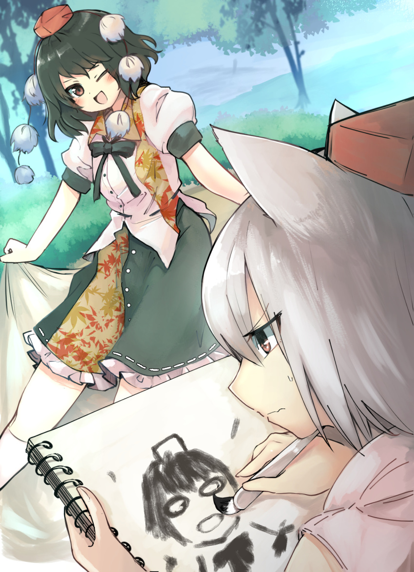 2girls animal_ears black_bow black_bowtie black_hair black_skirt blush bow bowtie brown_eyes commentary_request ginnkei grey_hair hat highres holding holding_brush holding_notebook inubashiri_momiji leaf_print medium_hair multiple_girls no_wings notebook one_eye_closed open_mouth outdoors painting_(action) painting_(object) pom_pom_(clothes) puffy_short_sleeves puffy_sleeves red_hat shameimaru_aya shirt short_hair short_sleeves skirt smile sweatdrop tokin_hat touhou white_shirt wolf_ears