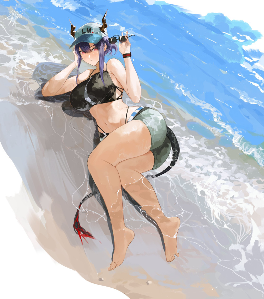 1girl arknights beach black_shorts ch'en_(arknights) dragon_girl dragon_horns dragon_tail fur-tipped_tail highres horns horns_through_headwear lying navel official_alternate_costume on_side red_eyes shorts solo swimsuit tail thick_thighs thighs yuki_flourish