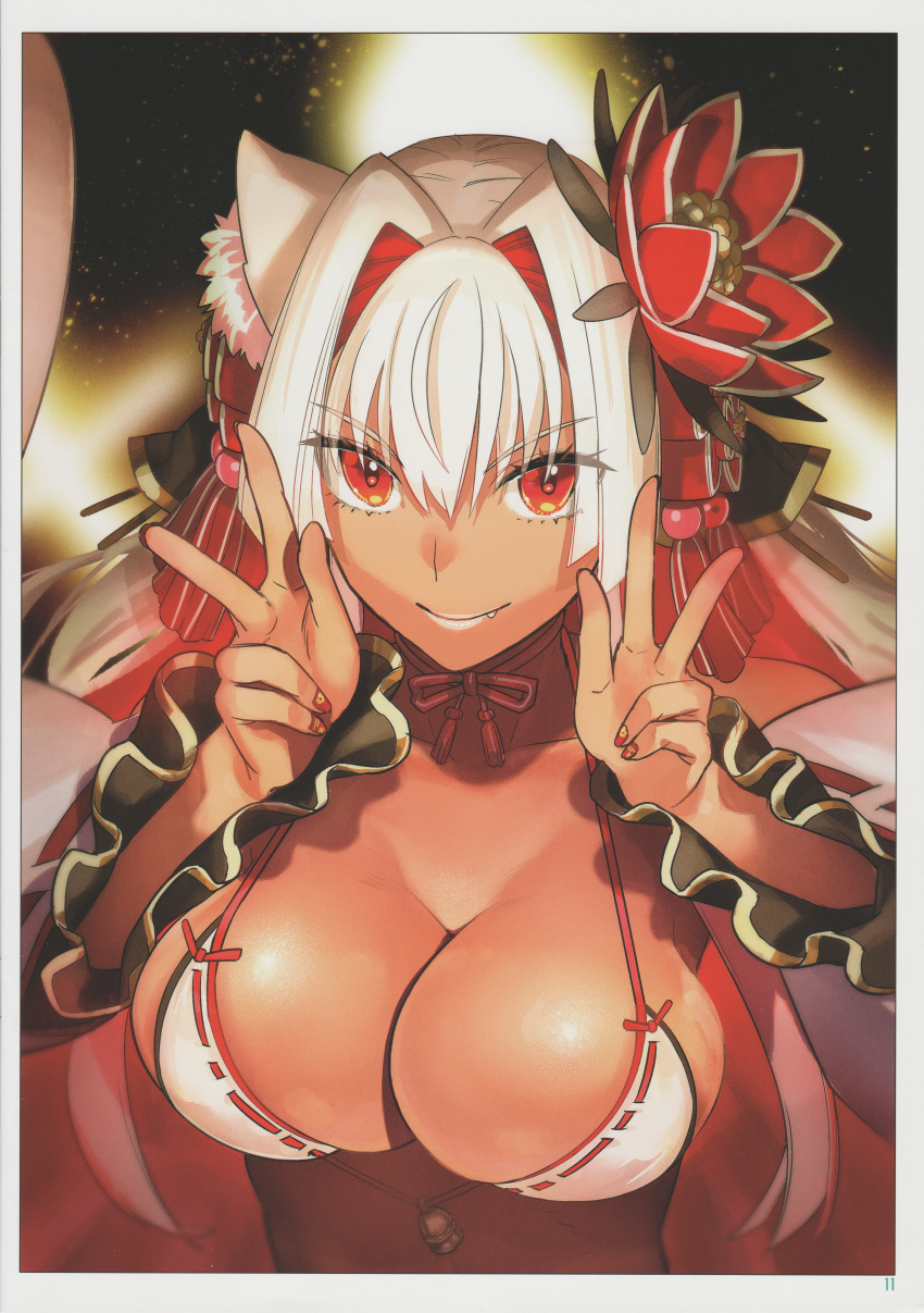 1girl absurdres animal_ear_fluff animal_ears bow bowtie breasts cleavage closed_mouth collarbone double_v fang fate/grand_order fate/grand_order_arcade fate_(series) fingernails hair_ornament hands_up highres large_breasts lips long_hair looking_at_viewer multicolored_hair nail_polish red_eyes red_hair scan shiny_skin smile solo suzuka_gozen_(fate) takenoko_seijin upper_body v white_hair wide_sleeves