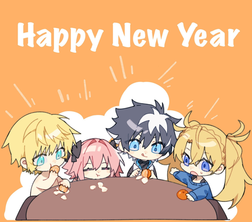 1girl 3boys :q :t astolfo_(fate) black_bow black_shirt blonde_hair blue_eyes blue_sweater bow bradamante_(fate) braid charlemagne_(fate) chibi closed_eyes crossed_bangs crown_braid eating fate/extella fate/extra fate/grand_order fate_(series) food fruit hair_between_eyes hair_bow hair_intakes happy_new_year highres holding holding_food idass_(idass16) jacket long_hair mandarin_orange multicolored_hair multiple_boys nude open_mouth orange_(fruit) orange_background orange_slice parted_bangs pink_hair roland_(fate) round_table sharp_teeth shirt short_hair sleeveless sleeveless_jacket streaked_hair sweatdrop sweater table teeth tongue tongue_out twintails two-tone_hair white_hair white_jacket