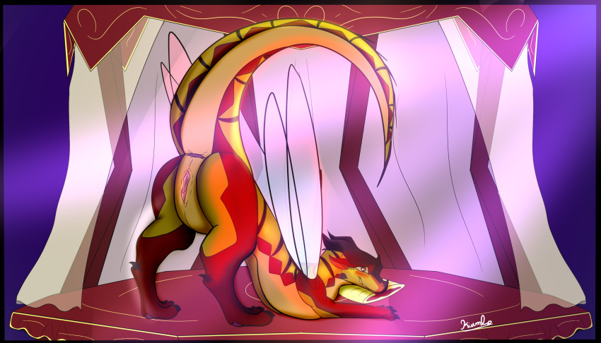 absurd_res anus bed butt dragon female feral furniture genitals hi_res hivewing_(wof) jack-o'_pose kiumba_(artist) mythological_creature mythological_scalie mythology pose presenting presenting_pussy princess_vespa pussy scalie solo tail wings wings_of_fire