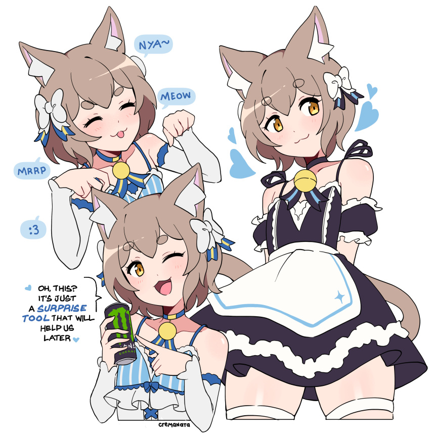 1boy :3 :p absurdres alternate_costume animal_ears apron arm_garter arms_behind_back artist_name bare_shoulders bell black_choker black_dress blue_choker blush bow brown_eyes brown_hair can cat_boy cat_ears cat_tail choker closed_eyes closed_mouth cremanata cropped_legs cropped_torso crossdressing detached_sleeves dot_nose dress dress_bow energy_drink english_text enmaided felix_argyle flat_chest hair_between_eyes hair_bow heart highres holding holding_can jingle_bell looking_at_viewer looking_to_the_side maid male_focus monster_energy multiple_views neck_bell one_eye_closed open_mouth otoko_no_ko paw_pose pointing re:zero_kara_hajimeru_isekai_seikatsu short_eyebrows short_hair sleeveless sleeveless_dress smile speech_bubble striped_clothes striped_dress tail thick_eyebrows thighhighs tongue tongue_out vertical-striped_clothes vertical-striped_dress waist_apron white_apron white_background white_bow white_sleeves white_thighhighs