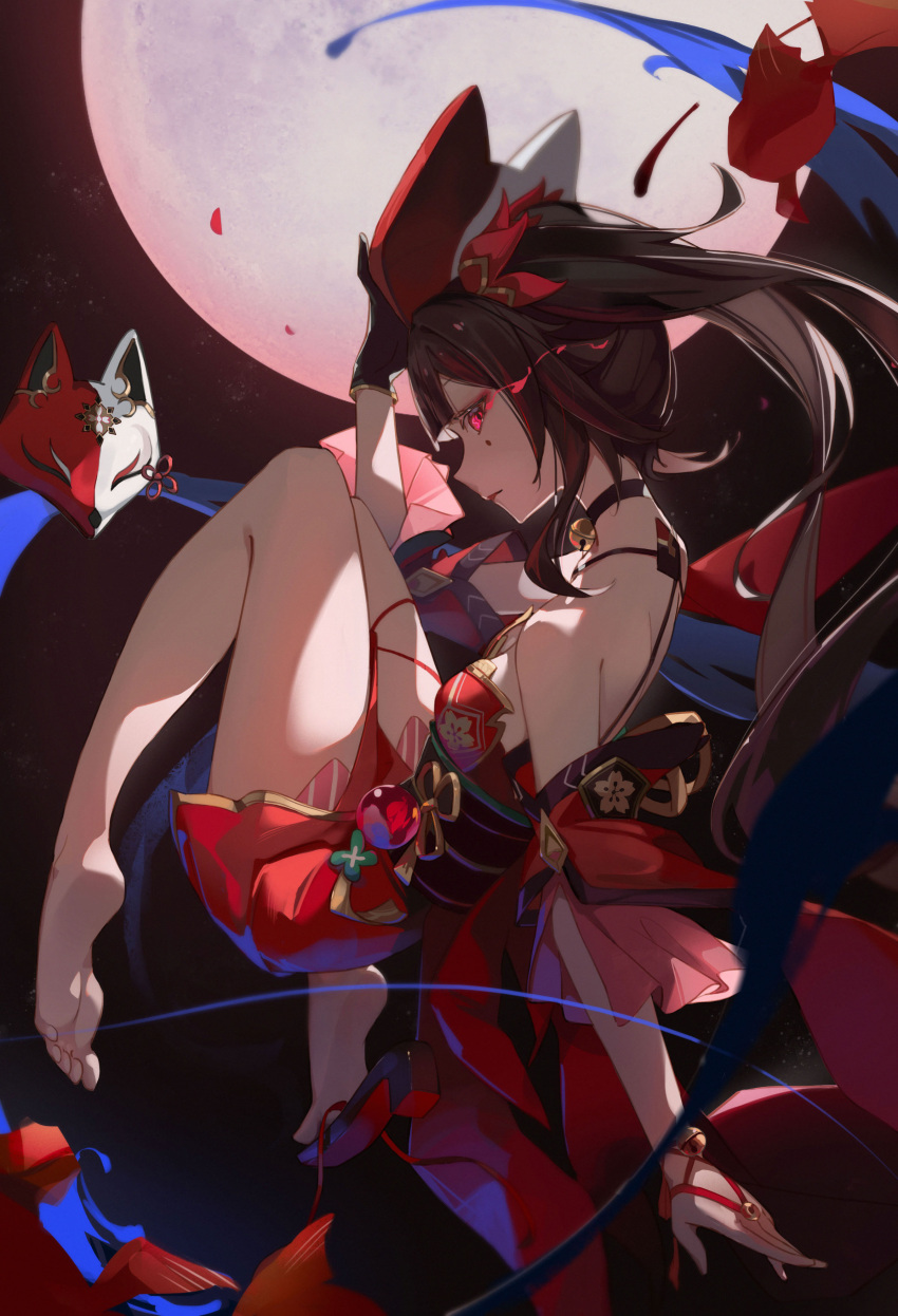 1girl absurdres bare_legs barefoot bell black_choker black_gloves breasts brown_hair choker cleavage detached_sleeves downblouse floating_hair fox_mask from_side gloves glowing glowing_eye highres honkai:_star_rail honkai_(series) japanese_clothes kimono long_hair mask moon neck_bell red_eyes red_kimono red_sleeves short_kimono short_sleeves single_glove sleeveless sleeveless_kimono small_breasts soles solo sparkle_(honkai:_star_rail) spica-sh twintails very_long_hair wide_sleeves
