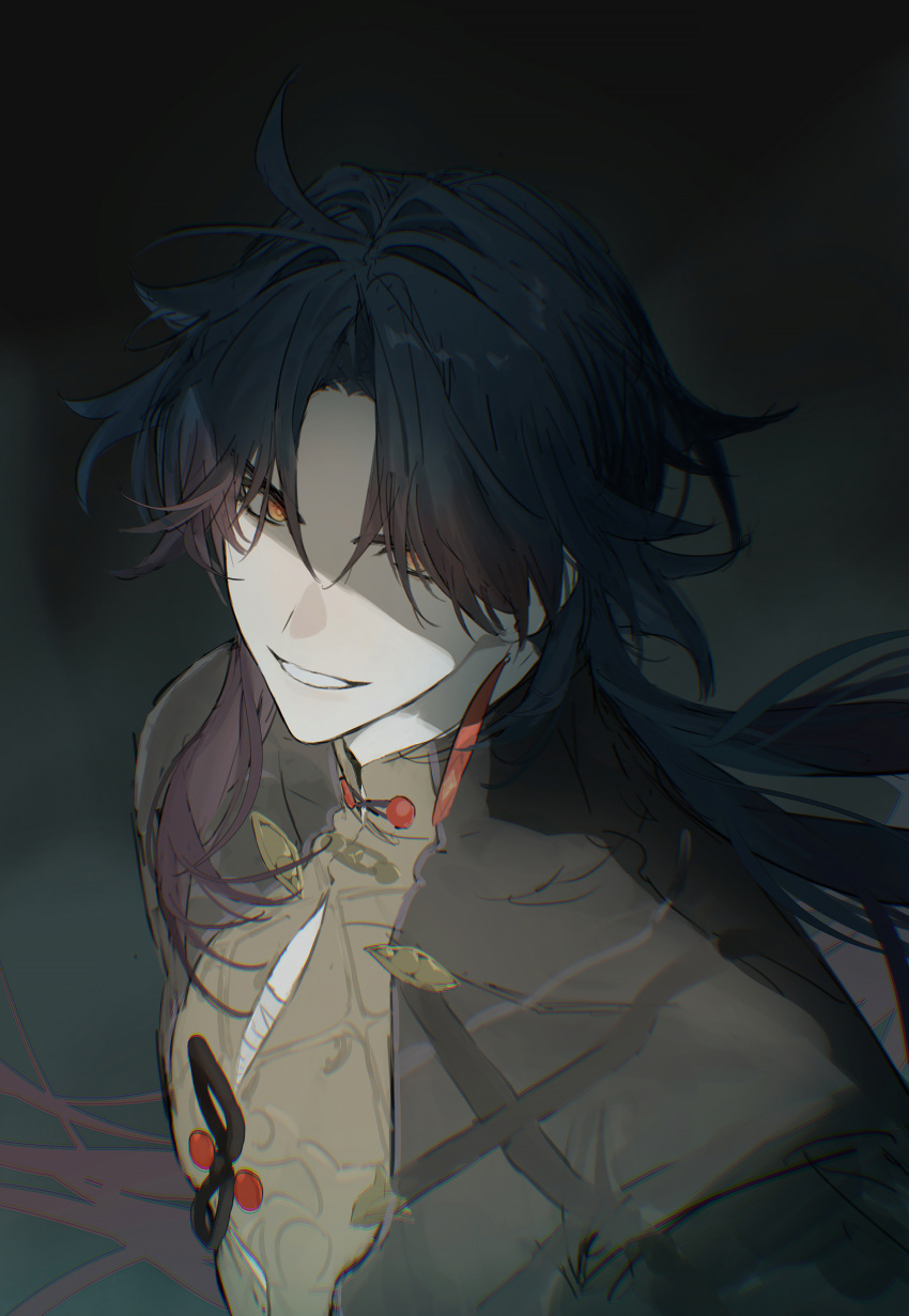 1boy black_hair blade_(honkai:_star_rail) clothing_cutout earrings grin highres honkai:_star_rail honkai_(series) jewelry long_hair looking_at_viewer male_focus red_eyes sachico66 simple_background smile solo upper_body