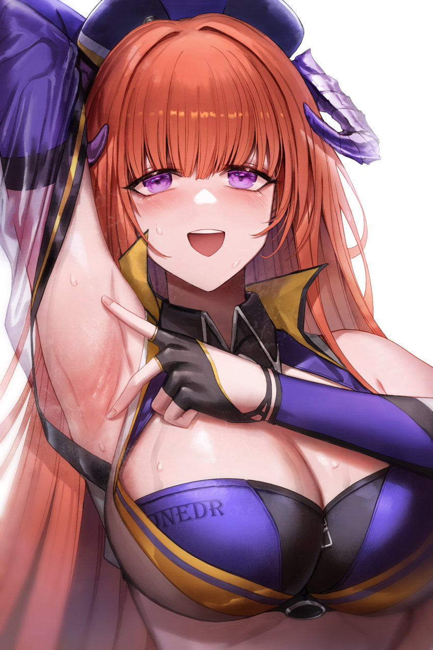 absurdres arknights armpits bagpipe_(arknights) bagpipe_(queen_no._1)_(arknights) breasts highres horns large_breasts looking_at_viewer official_alternate_costume onedr orange_hair presenting_armpit purple_eyes race_queen smelly_armpits smile sweat sweaty_armpits teeth upper_body upper_teeth_only