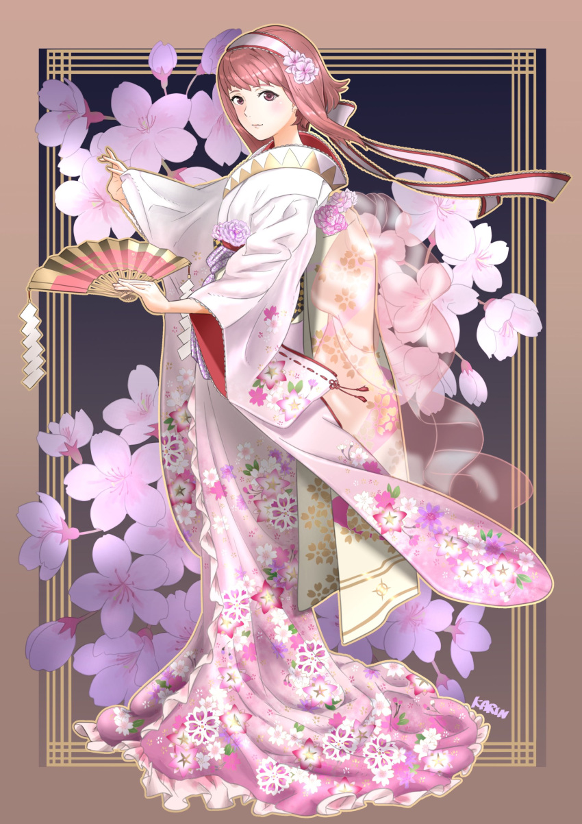 1girl 6nutqd2kwd0iqcl absurdres alternate_costume cherry_blossoms closed_mouth commentary english_commentary fire_emblem fire_emblem_fates floral_print flower gradient_kimono hairband hand_fan highres holding holding_fan japanese_clothes kimono looking_at_viewer pink_eyes pink_flower pink_hair pink_kimono print_kimono sakura_(fire_emblem) short_hair solo two-tone_kimono white_hairband white_kimono wide_sleeves