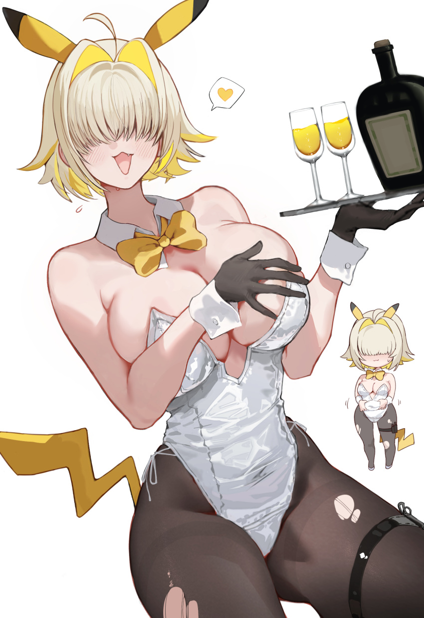 1girl animal_ears bare_shoulders black_gloves black_pantyhose blonde_hair blush bottle bow bowtie breasts cleavage commentary_request cup detached_collar drinking_glass elegg_(nikke) fake_animal_ears fang gloves goddess_of_victory:_nikke hair_over_eyes heart highres holding large_breasts leotard multicolored_hair multiple_views oh_(aung_ae) open_mouth pantyhose pikachu playboy_bunny pokemon simple_background spoken_heart tail thigh_strap torn_clothes torn_pantyhose two-tone_hair white_background white_leotard yellow_bow yellow_bowtie