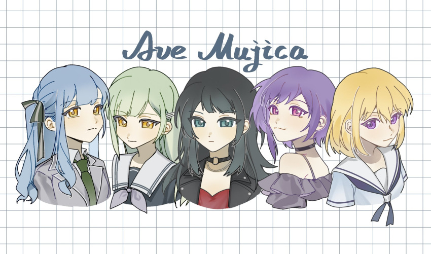 5girls ave_mujica_(bang_dream!) bang_dream! bang_dream!_it's_mygo!!!!! black_choker black_hair black_jacket black_ribbon blonde_hair blue_eyes blue_hair blue_shirt choker closed_mouth collared_shirt commentary cropped_torso expressionless green_hair green_necktie grey_jacket grey_neckerchief grey_shirt grid_background hair_ornament hair_ribbon hairclip haneoka_school_uniform hashtag-only_commentary highres jacket jewelry long_hair medium_hair misumi_uika multiple_girls neckerchief necklace necktie o-ring o-ring_choker off-shoulder_shirt off_shoulder purple_eyes purple_hair red_shirt ribbon sailor_collar school_uniform serafuku shirt short_sleeves simple_background smile togawa_sakiko tsukinomori_school_uniform upper_body wakaba_mutsumi white_background white_sailor_collar white_shirt yahata_umiri yellow_eyes yuutenji_nyamu zhao_yifei