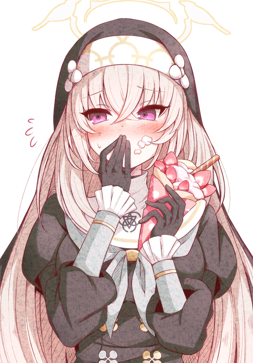 1girl black_gloves blue_archive blush covering_own_mouth cream cream_on_face crossed_bangs food food_on_face fruit gloves grey_hair grey_halo hair_between_eyes halo highres holding holding_food karikura_(atatata71) long_hair long_sleeves nun puffy_long_sleeves puffy_sleeves purple_eyes sakurako_(blue_archive) simple_background solo strawberry white_background