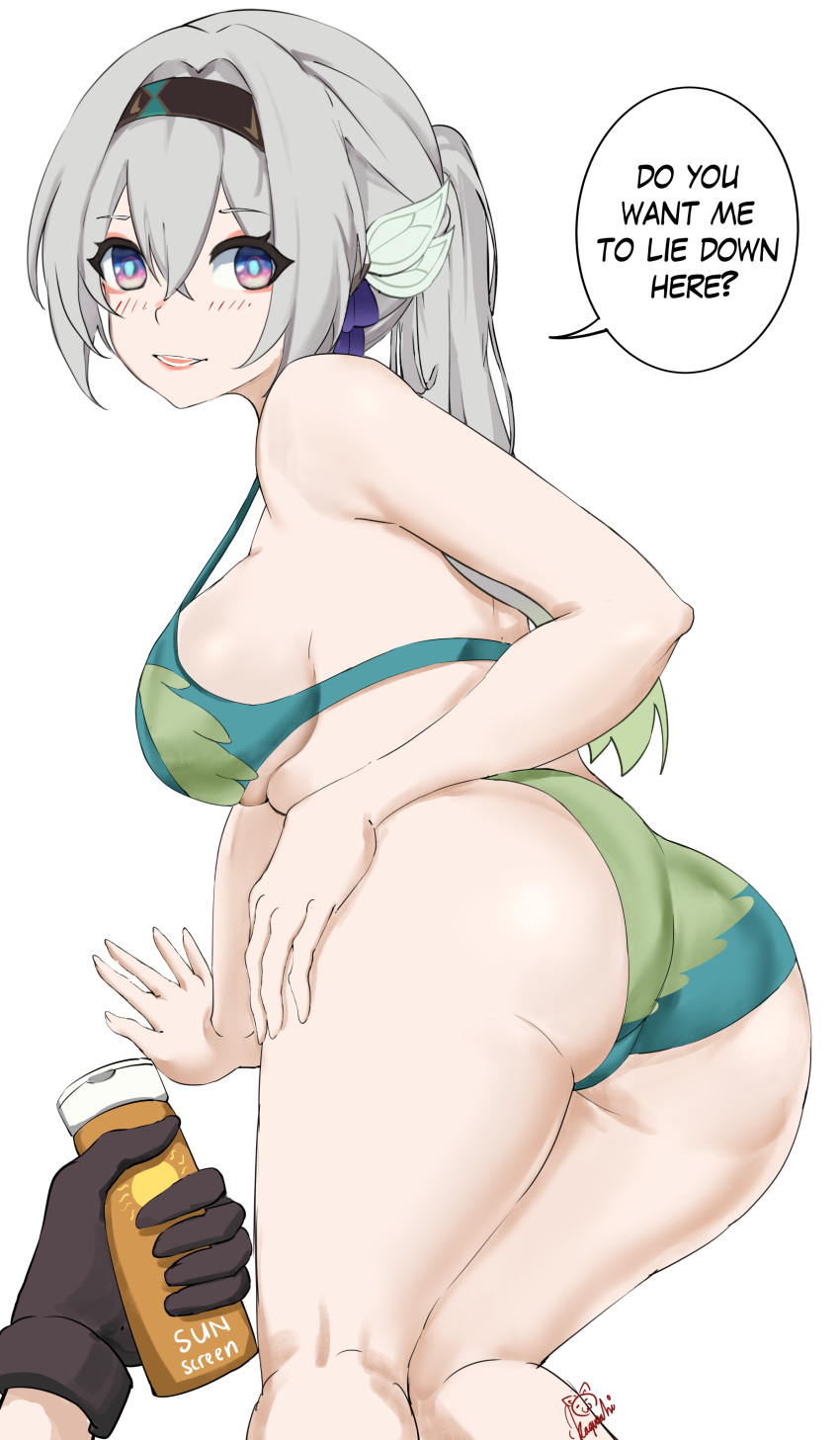 1girl 1other absurdres arm_support ass bare_arms bare_shoulders bikini breasts commentary firefly_(honkai:_star_rail) green_bikini grey_hair grin highres holding honkai:_star_rail honkai_(series) kagurachi long_hair looking_at_viewer lotion medium_breasts ponytail purple_eyes sidelocks simple_background smile speech_bubble standing sunscreen swimsuit thighs white_background