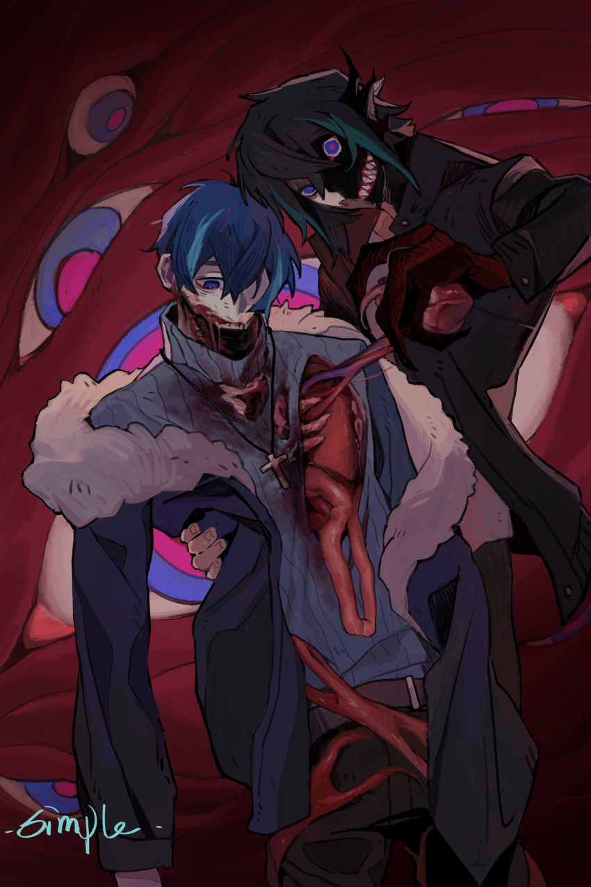 2boys absurdres black_hair black_jacket blood blood_on_face blue_eyes blue_hair blue_jacket blue_sweater chinese_commentary claws collared_jacket commentary_request commission cross cross_necklace extra_eyes fur-trimmed_jacket fur_trim green_hair grin guro hair_between_eyes hand_up heart_(organ) highres injury intestines jacket jewelry long_sleeves looking_at_viewer lungs male_focus multicolored_eyes multicolored_hair multiple_boys necklace original pants pink_eyes red_background ribs sharp_teeth short_hair smile solo streaked_hair sweater teeth turtleneck turtleneck_sweater upper_body yulei_yuuuuu