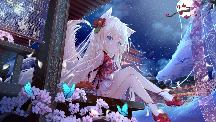 1girl absurdres animal animal_ear_fluff animal_ears bare_shoulders blonde_hair blue_eyes blush bowl branch breasts bug butterfly cherry_blossoms china_dress chinese_clothes cloud commentary_request crossed_legs dragon dress flower full_moon hair_flower hair_ornament highres long_hair moon night night_sky original outdoors peas_(peas0125) red_dress red_flower red_footwear shoes sitting sky sleeveless sleeveless_dress small_breasts socks solo star_(sky) starry_sky tail very_long_hair white_flower white_socks