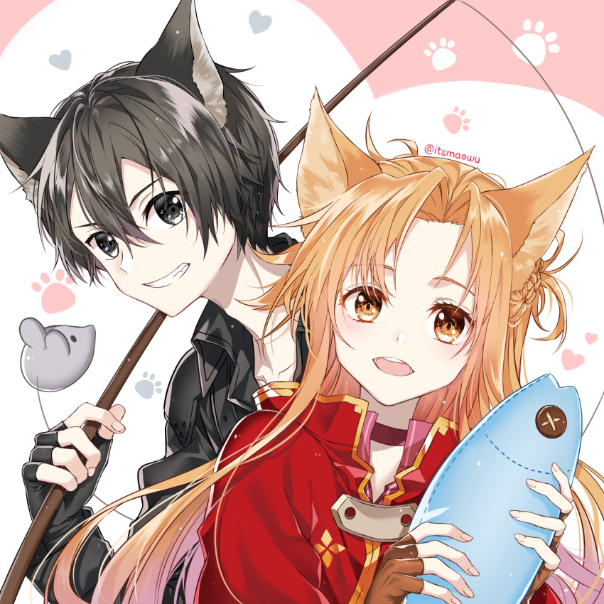 1boy 1girl animal_ears asuna_(sao) black_coat black_eyes black_gloves black_hair braid brown_eyes brown_gloves cat_boy cat_ears cat_girl cat_teaser choker coat collarbone collared_coat commentary fingerless_gloves french_braid gloves gold_trim grin hair_between_eyes heart heart_background high_collar highres holding holding_cat_teaser holding_stuffed_toy istriri kirito long_hair long_sleeves looking_at_viewer open_mouth orange_hair paw_print paw_print_background pink_background red_choker red_coat short_hair smile stuffed_animal stuffed_fish stuffed_mouse stuffed_toy sword_art_online upper_body white_background