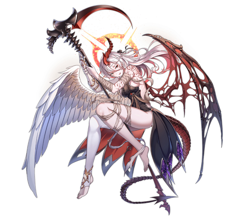 1girl :d angel angel_wings ark_order arm_tattoo artist_request bandaged_arm bandaged_leg bandages barefoot black_dress braid demon_girl demon_horns demon_tail demon_wings dress feathered_wings feathers full_body gauntlets gloves halo heterochromia holding holding_scythe horns looking_at_viewer mismatched_wings mole mole_under_eye multicolored_hair official_art pale_skin red_eyes red_hair samael_(ark_order) scythe single_gauntlet single_horn single_thighhigh smile solo stirrup_legwear streaked_hair tachi-e tail tattoo thighhighs toeless_legwear transparent_background two-tone_hair white_feathers white_gloves white_hair white_thighhighs white_wings wings yellow_eyes