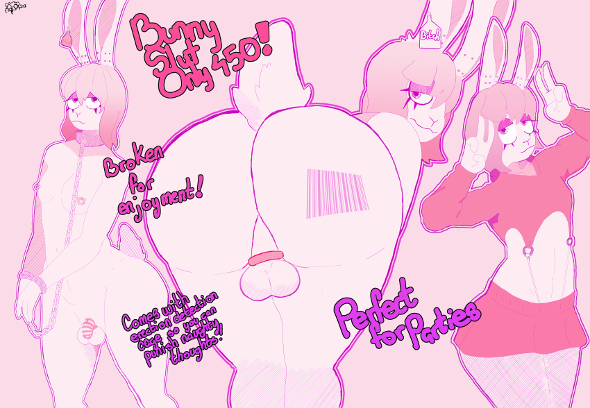 absurd_res caged chain chained chastity_cage chastity_device girly group hair hi_res humanoid isi lagomorph leporid male male/male mammal nipple_piercing nipples piercing pink_body pink_hair pink_nipples rabbit trio