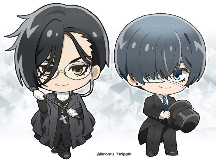 2boys alternate_hairstyle bishounen black_footwear black_hair black_jacket black_pants black_shirt black_suit blue_eyes blue_hair blue_necktie buttons chibi ciel_phantomhive collared_shirt cross cross_necklace dark_blue_hair earrings eyepatch glasses hair_over_one_eye hat hayase_hiromu highres holding holding_clothes holding_hat jacket jewelry kuroshitsuji looking_at_viewer male_focus multiple_boys necklace necktie object_request orange_eyes outline pants sebastian_michaelis shirt short_hair smile standing suit top_hat twitter_username white_outline white_shirt