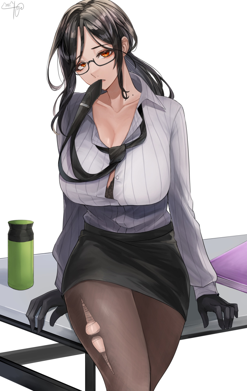 1girl biting biting_clothes black_bra black_gloves black_hair black_pantyhose black_skirt bra breasts cleavage collared_shirt formal full_body gloves hair_between_eyes hair_over_one_eye high-waist_skirt highres large_breasts long_hair long_sleeves looking_at_viewer miniskirt mole mole_on_neck mouth_hold necktie necktie_in_mouth necktie_on_mouth nekotokage nijisanji official_alternate_costume open_clothes open_mouth orange_eyes pantyhose partially_undressed pencil_skirt semi-rimless_eyewear shirayuki_tomoe shirt simple_background sitting skirt solo striped_clothes striped_shirt torn_clothes torn_pantyhose underwear virtual_youtuber white_shirt