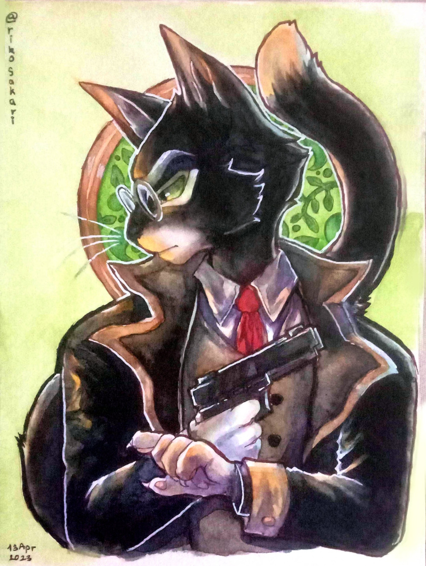 absurd_res anthro black_body black_fur claws clothed clothing dipstick_tail domestic_cat eyebrows eyewear felid feline felis fingers fur glasses green_eyes gun hi_res holding_gun holding_object holding_ranged_weapon holding_weapon inner_ear_fluff lackadaisy male mammal markings mordecai_heller ranged_weapon rikosakari solo tail tail_markings traditional_media_(artwork) tuft weapon whiskers