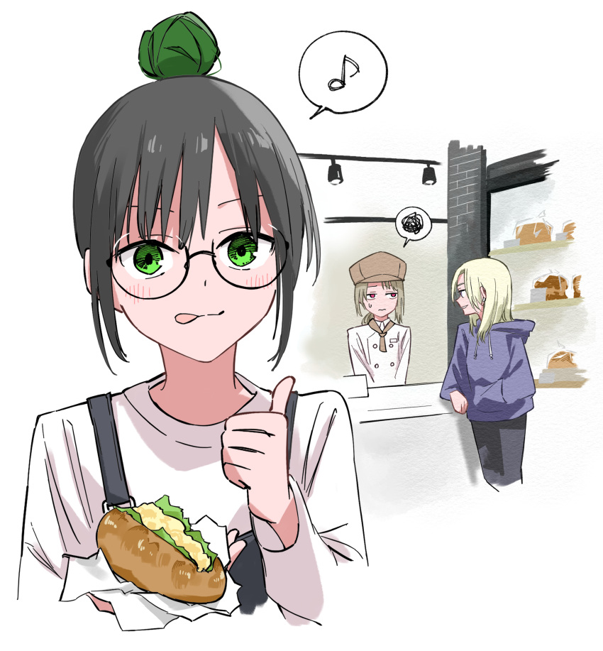 3girls :q alternate_hair_length alternate_hairstyle bakery bespectacled black_hair black_pants blonde_hair blush brown_hat food glasses green_eyes green_hair grey_hair hair_bun hand_in_pocket haruruhaharur highres holding holding_food hood hood_down hoodie long_sleeves looking_at_another looking_at_viewer love_live! love_live!_nijigasaki_high_school_idol_club mashed_potatoes medium_hair mia_taylor multiple_girls musical_note nakasu_kasumi pants parted_lips ponytail purple_hoodie round_eyewear shirt shop sidelocks single_hair_bun spoken_musical_note spoken_squiggle squiggle standing sweatdrop takasaki_yu thumbs_up tongue tongue_out wavy_mouth white_shirt