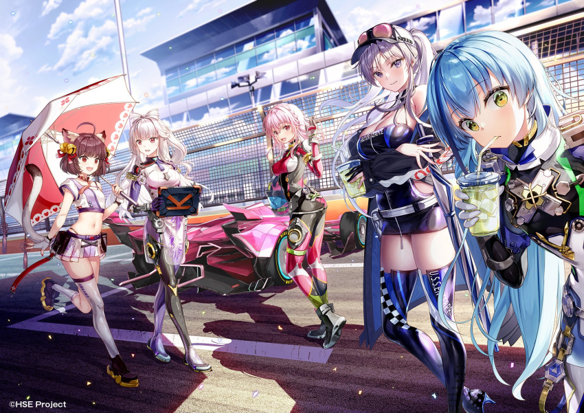 5girls azur_lane car cat_girl character_name character_request copyright_name crossover cup end_card enterprise_(azur_lane) enterprise_(wind_catcher)_(azur_lane) fujima_takuya helmet highres highspeed_etoile holding holding_umbrella komachi_towa motor_vehicle multiple_girls official_alternate_costume official_art race_queen race_vehicle racecar racetrack racing_suit rindoh_rin tablet_pc umbrella unworn_headwear unworn_helmet yoran_ryu