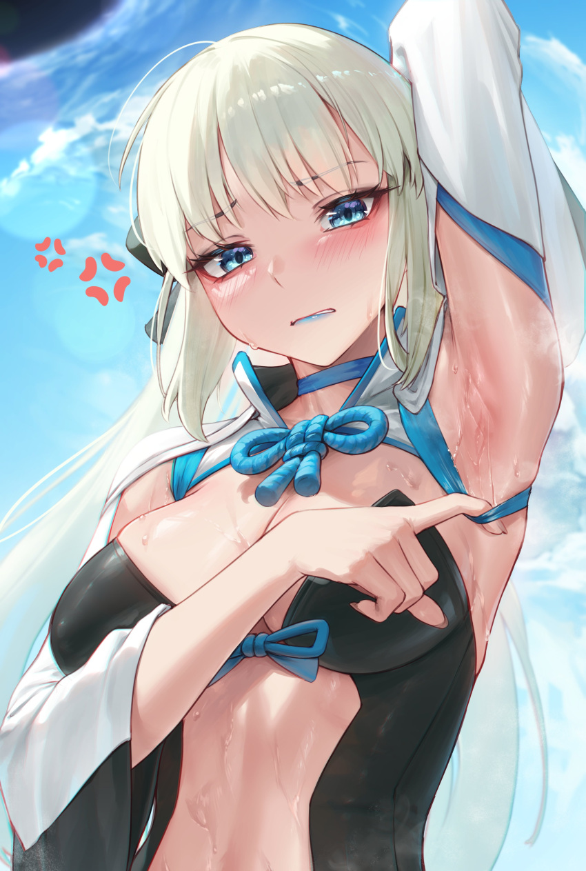 1girl absurdres ahoge anger_vein annoyed arm_up armpit_focus armpits blue_eyes blue_lips blue_sky blush breasts clothes_pull cloud day embarrassed fate/grand_order fate_(series) highres large_breasts lipstick long_hair long_sleeves looking_at_viewer makeup morgan_le_fay_(fate) outdoors padoruu parted_lips presenting_armpit pulled_by_self sky solo steaming_body sweat sweaty_armpits upper_body very_sweaty white_hair