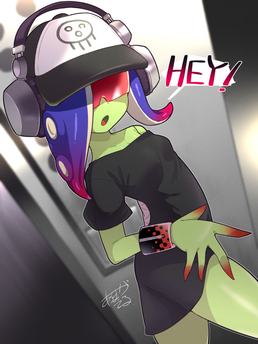1girl :o amagaeru_(hylathewet) arm_at_side bandaged_arm bandages baseball_cap black_dress blue_hair bra_strap bracelet collarbone colored_skin commentary_request cowboy_shot dedf1sh dress english_text facing_viewer gradient_hair green_skin hat headphones headphones_over_headwear highres jewelry long_hair multicolored_hair octoling off-shoulder_dress off_shoulder open_mouth pink_hair print_headwear red-tinted_eyewear sanitized_(splatoon) signature solo speech_bubble splatoon_(series) splatoon_3 splatoon_3:_side_order suction_cups sunglasses tentacle_hair thighs tinted_eyewear two-tone_hair