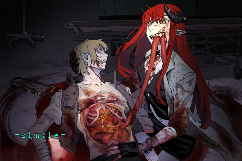 1boy 1girl bandaged_arm bandages bed black_collar black_gloves black_horns black_vest blood blood_on_clothes blood_on_face blood_on_hands brown_hair brown_jacket cannibalism chinese_commentary coat collar collared_coat collared_jacket commentary_request commission corpse death ear_piercing eating fangs fingerless_gloves gloves green_eyes grey_background grey_coat guro high_collar highres holding_head horns hospital hospital_bed indoors injury intestines jacket long_hair looking_at_another looking_at_viewer lying mismatched_pupils mouth_hold on_back open_mouth organs original parted_lips piercing pointy_ears pool_of_blood red_hair ribs saw shirt short_hair sidelocks sleeveless sleeveless_jacket vest yulei_yuuuuu