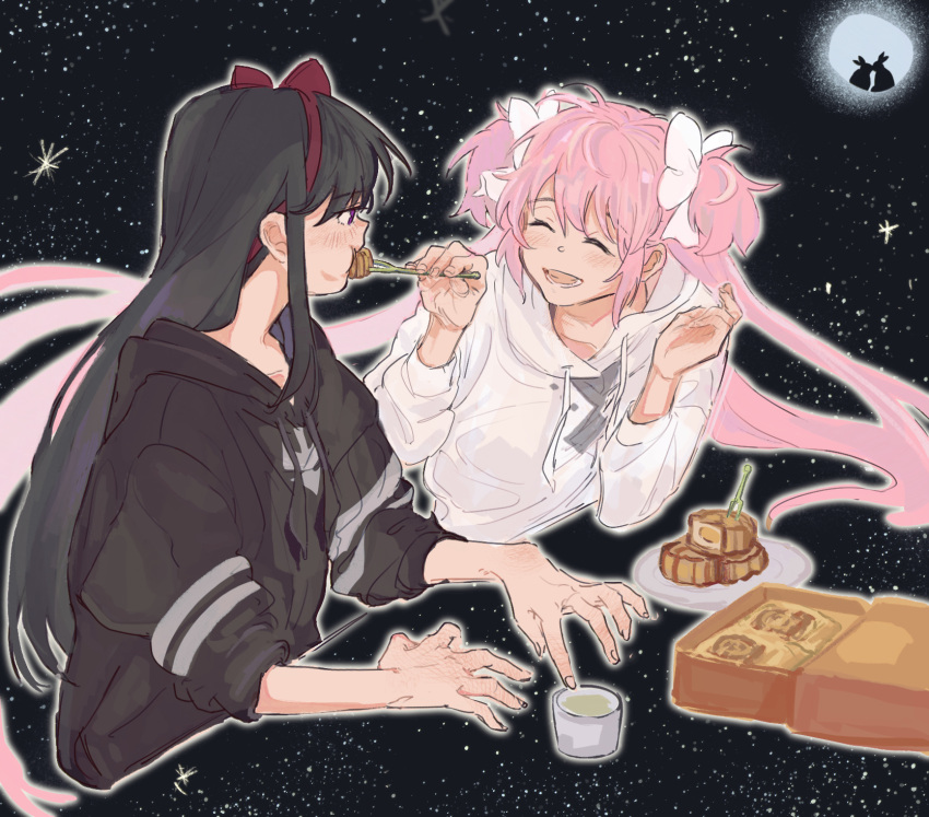 2girls absurdly_long_hair akemi_homura black_hoodie blush bow bow_hairband closed_eyes commentary_request drawstring feeding food_request hair_bow hairband highres hood hoodie kaname_madoka koyomania long_hair long_sleeves mahou_shoujo_madoka_magica mahou_shoujo_madoka_magica_(anime) moon multiple_girls open_mouth pink_hair red_hairband sky smile space star_(sky) starry_sky twintails very_long_hair white_bow white_hoodie