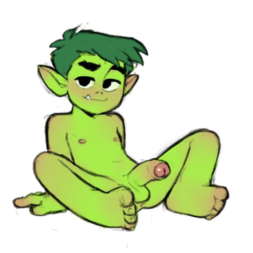 1:1 2020 anus balls beast_boy bedroom_eyes blush colored_sketch cute_fangs dc_comics full-length_portrait genitals green_body green_hair green_skin hair half-erect hi_res humanoid humanoid_pointy_ears looking_at_viewer male narrowed_eyes nipples not_furry nude penis portrait seductive simple_background sitting solo streetsalami teen_titans uncut white_background