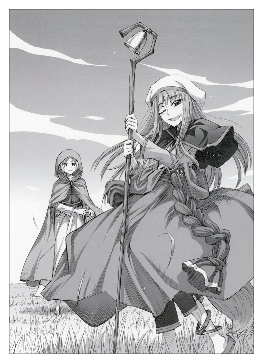 2girls ;d capelet cloak fang floating_hair greyscale hat highres holding holding_staff holo hood hood_up hooded_cloak koume_keito long_hair long_skirt looking_at_viewer monochrome multiple_girls nora_arento official_art one_eye_closed open_mouth outdoors pants pants_under_skirt shirt skirt smile spice_and_wolf staff standing very_long_hair