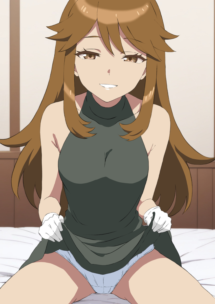 1girl aji_n bare_arms breasts brown_eyes brown_hair clothes_lift commentary_request dress dress_lift eyelashes gloves green_(pokemon) grey_dress grin hair_flaps half-closed_eyes highres indoors lifted_by_self long_hair looking_at_viewer panties pokemon pokemon_adventures sidelocks sitting sleeveless sleeveless_dress smile solo teeth underwear white_gloves white_panties