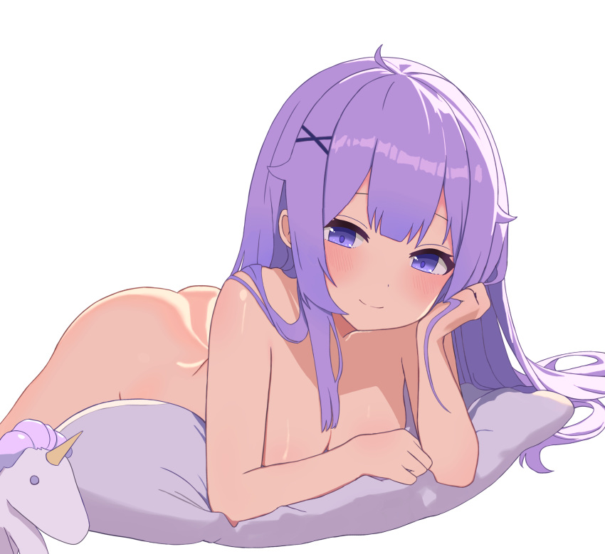 1girl ahoge arm_support ass azur_lane breasts cleavage closed_mouth commission completely_nude english_commentary eyebrows_hidden_by_hair hair_ornament happy highres large_breasts light_blush light_smile long_hair looking_at_viewer myown nude on_pillow pixiv_commission purple_eyes purple_hair shadow sidelocks simple_background solo stuffed_unicorn tareme unicorn_(azur_lane) very_long_hair white_background