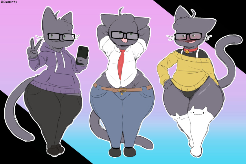 axo_(axoarts) axoarts bell bell_collar belly bottomwear cat_stockings clothing collar domestic_cat electronics eyewear felid feline felis footwear fur gesture glasses grey_body grey_fur hand_gesture hand_on_hip hi_res hoodie male mammal markings mole_(marking) necktie panties pants phone shirt signature smug_face socks sweater thick_thighs tongue tongue_out topwear underwear v_sign white_clothing white_footwear white_socks wide_hips