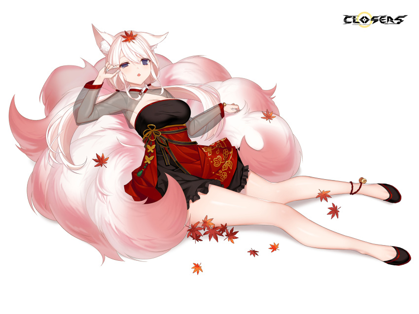 1girl :o alternate_hair_color animal_ear_fluff animal_ears ankle_bell autumn_leaves black_dress black_footwear breasts cleavage cleavage_cutout closers clothing_cutout copyright_name dress ear_down fox_ears fox_girl fox_tail full_body hand_up highres kitsune kyuubi large_breasts layered_dress leaf leaf_on_head levia_(closers) logo long_hair long_sleeves low_twintails lying lying_on_tail maple_leaf multiple_tails no_pupils official_art on_back pink_tail purple_eyes red_dress rubbing_eyes see-through see-through_sleeves sleepy solo tail twintails two-tone_dress uneven_eyes white_background white_hair