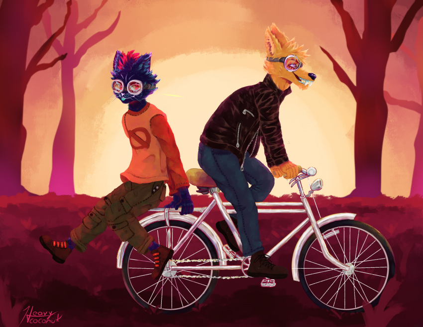 5_fingers anthro bicycle black_nose blue_body blue_fur bottomwear canid canine chain clothed clothing domestic_cat duo eyewear felid feline felis female fingers fox fur goggles gregg_lee heavy_coconut hi_res mae_borowski male mammal night_in_the_woods outside pants pink_nose plant red_eyes sharp_teeth shirt signature tan_body tan_fur teal_tongue teeth tongue tongue_out topwear tree vehicle whiskers