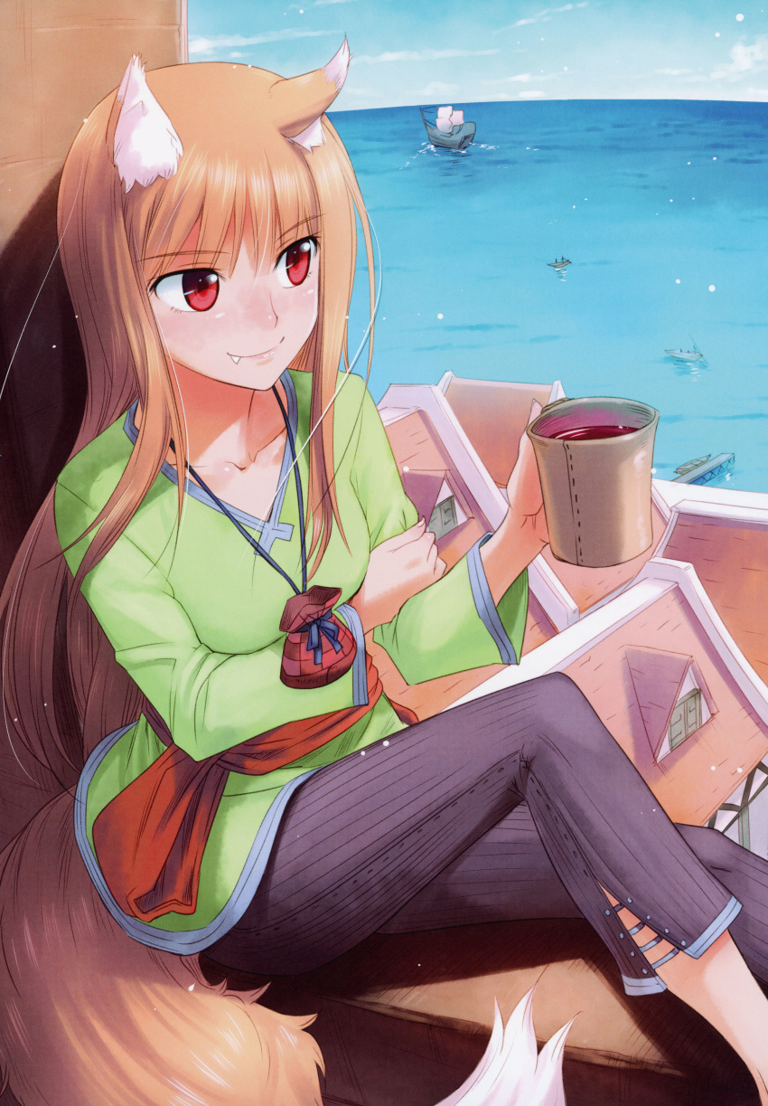 1girl absurdres animal_ears bangs blush breasts brown_hair closed_mouth collarbone eyebrows_visible_through_hair fang fang_out green_shirt hair_between_eyes highres holding holo koume_keito long_hair long_sleeves ocean official_art outdoors page_number pants purple_pants red_eyes scan shiny shiny_hair ship shirt sitting sitting_in_window small_breasts smile solo spice_and_wolf tail very_long_hair watercraft wolf_ears wolf_girl wolf_tail