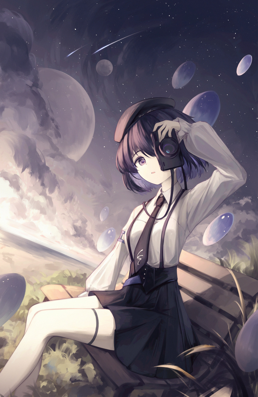 1girl absurdres bench benghuai_xueyuan beret black_hat black_necktie black_skirt camera cloud collared_shirt darkworldsss feet_out_of_frame from_side full_moon hat high-waist_skirt highres holding holding_camera honkai_(series) horizon legs_together long_sleeves looking_at_viewer miniskirt moon necktie one_eye_covered park_bench parted_lips pleated_skirt purple_eyes purple_hair seele_vollerei shadow shirt shooting_star short_hair sitting skirt solo suspender_skirt suspenders taking_picture thigh_strap thighs white_shirt