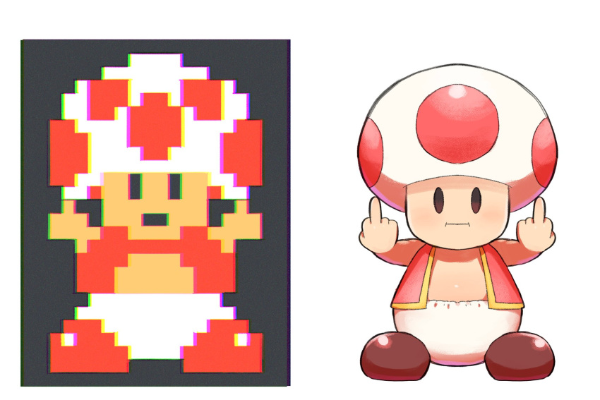 1boy closed_mouth double_middle_finger highres looking_at_viewer mario_(series) middle_finger p_on_kome reference_inset simple_background solo super_mario_bros._1 toad_(mario) white_background