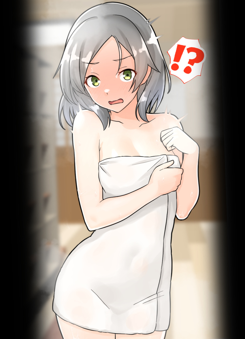 !? 1girl blush breasts collarbone commentary_request furaggu_(frag_0416) green_eyes grey_hair highres indoors kantai_collection kuroshio_(kancolle) looking_at_viewer medium_breasts medium_hair naked_towel open_mouth solo standing surprised towel