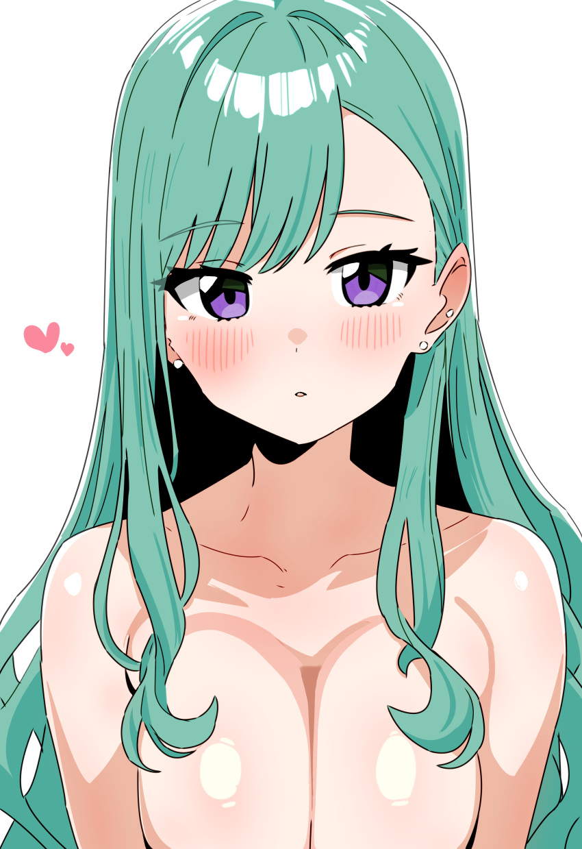 1girl absurdres blush breasts collarbone dot_nose ear_piercing earrings green_hair hair_behind_ear heart highres iwano_kenta jewelry large_breasts long_hair looking_at_viewer no_mole nude parted_lips piercing purple_eyes simple_background solo swept_bangs upper_body virtual_youtuber vspo! white_background yakumo_beni