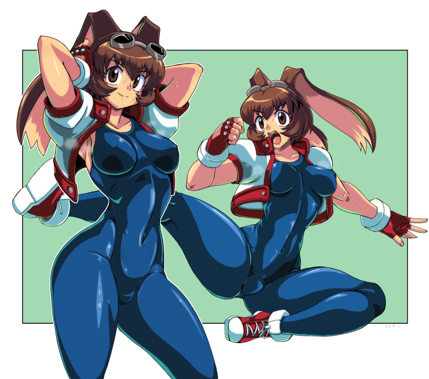 1girl animal_ears arms_up blue_unitard breasts brown_eyes brown_hair closed_mouth collarbone commentary_request covered_navel covered_nipples cropped_jacket fingerless_gloves full_body gloves goggles goggles_on_head green_background hands_up highres jacket kanriken kicking looking_at_viewer makihara_arina medium_breasts multiple_views open_clothes open_jacket open_mouth puffy_short_sleeves puffy_sleeves rabbit_ears red_gloves shoes short_sleeves simple_background skin_tight smile sneakers sweat sweatdrop teeth unitard upper_teeth_only waku_waku_7
