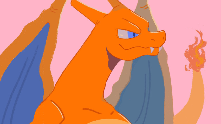 blue_eyes charizard closed_mouth collarbone dragon fangs fangs_out flame-tipped_tail highres mo~zu no_humans pink_background pokemon pokemon_(creature) simple_background solo