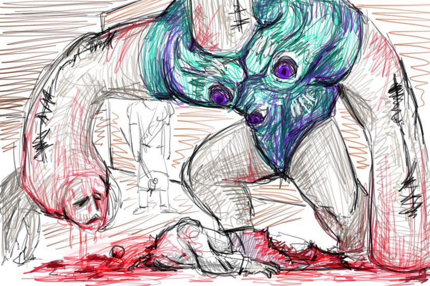 2024 3_eyes blood blood_on_arm blood_on_clothing blood_on_hand blood_on_leg blood_splatter blood_stain bodily_fluids bottomwear clothing colored colored_sketch corpse crush crushed_body death eyes_closed eyes_on_chest fear_and_hunger featureless_feet featureless_hands feet female footwear giant_(fear_and_hunger) gore green_body group hair hand_on_ground holding_head holding_severed_head human humanoid larger_male long_hair looking_at_another looking_down magic_staff magic_user male mammal marcoh_(fear_and_hunger) marina_(fear_and_hunger) monster monstrous_humanoid moonscorched multi_eye o'saa obscured_face pink_bottomwear pink_clothing pink_skirt purple_eyes robe severed_body_part severed_head shirt shoes simple_coloring size_difference sketch skirt staff standing the_can_master topwear torn_body traditional_media_(artwork) trio unusual_anatomy white_body white_clothing white_hair white_shirt white_topwear