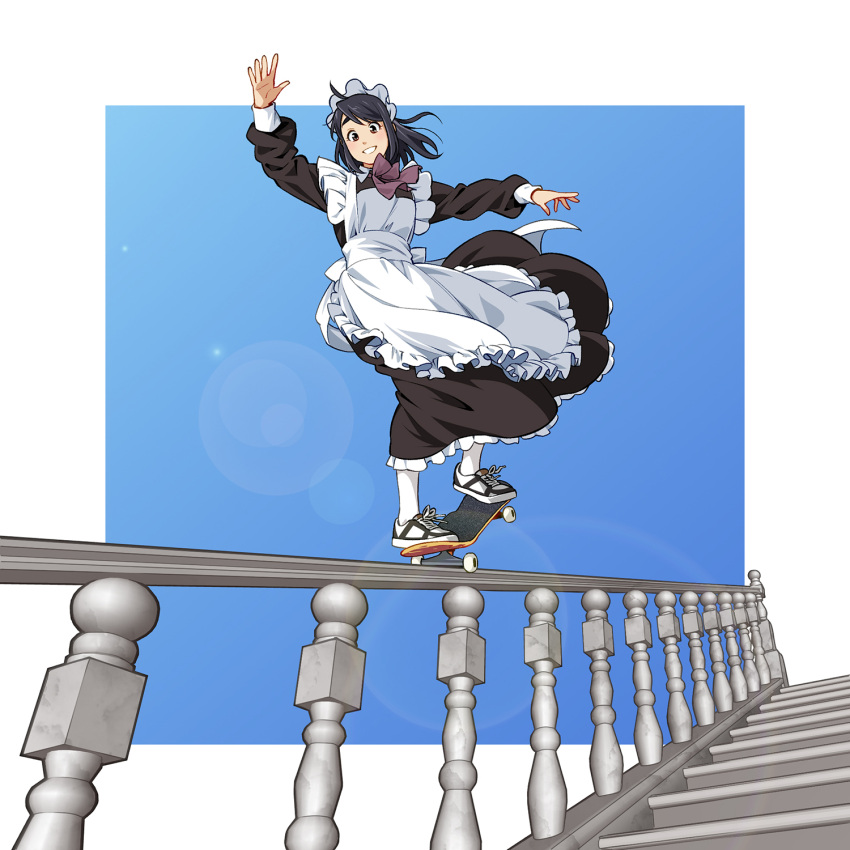 1girl apron black_dress black_footwear black_hair dress highres lens_flare maid maid_apron maid_headdress original railing shirt shoes skateboard skateboarding sneakers socks solo suzushiro_(suzushiro333) white_apron white_shirt white_socks