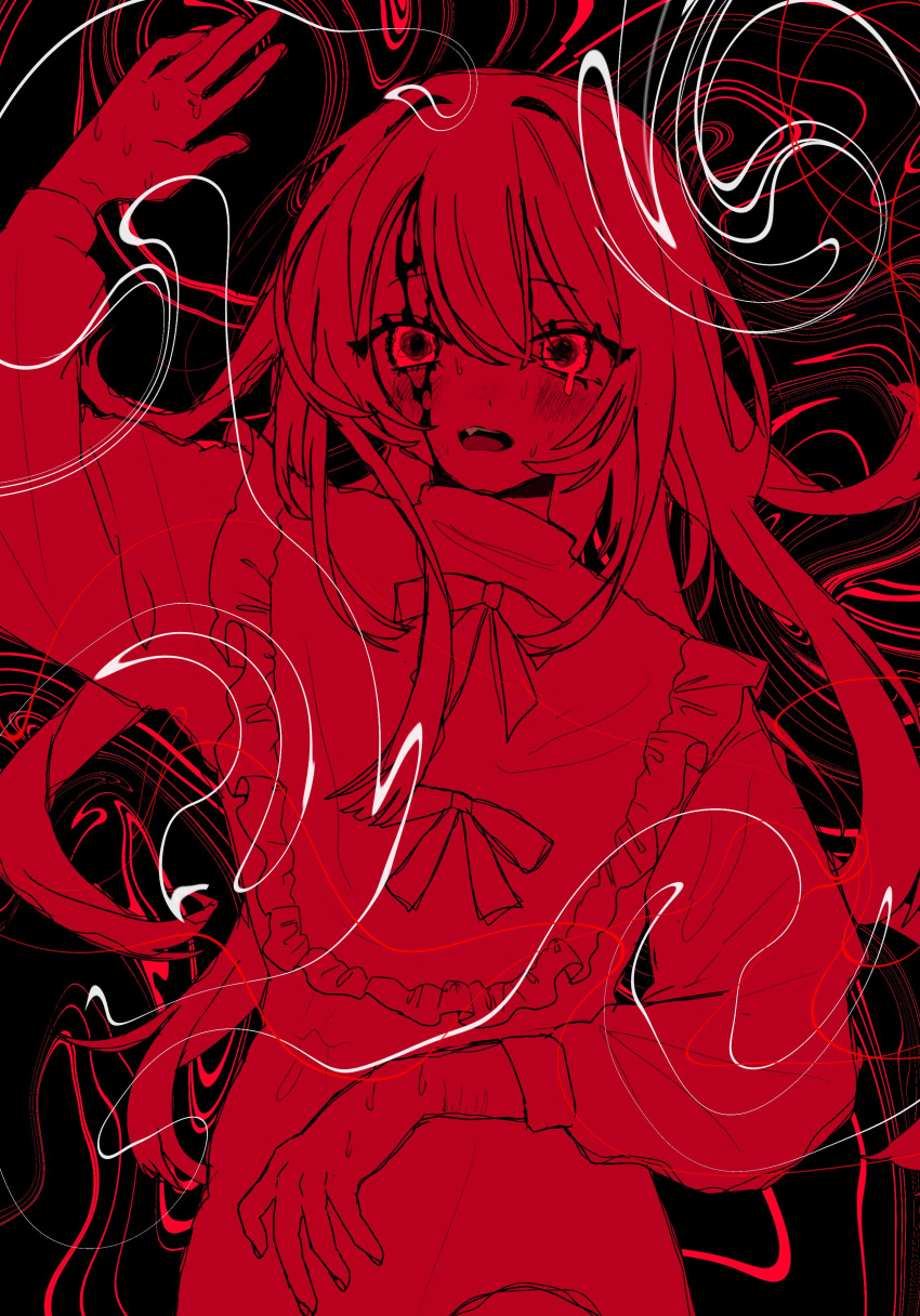 1girl absurdres blood blood_on_face blush dress hair_between_eyes hanataro_(sruvhqkehy1zied) highres long_hair long_sleeves looking_at_viewer monochrome open_mouth original red_theme self-harm_scar simple_background solo sweat very_long_hair
